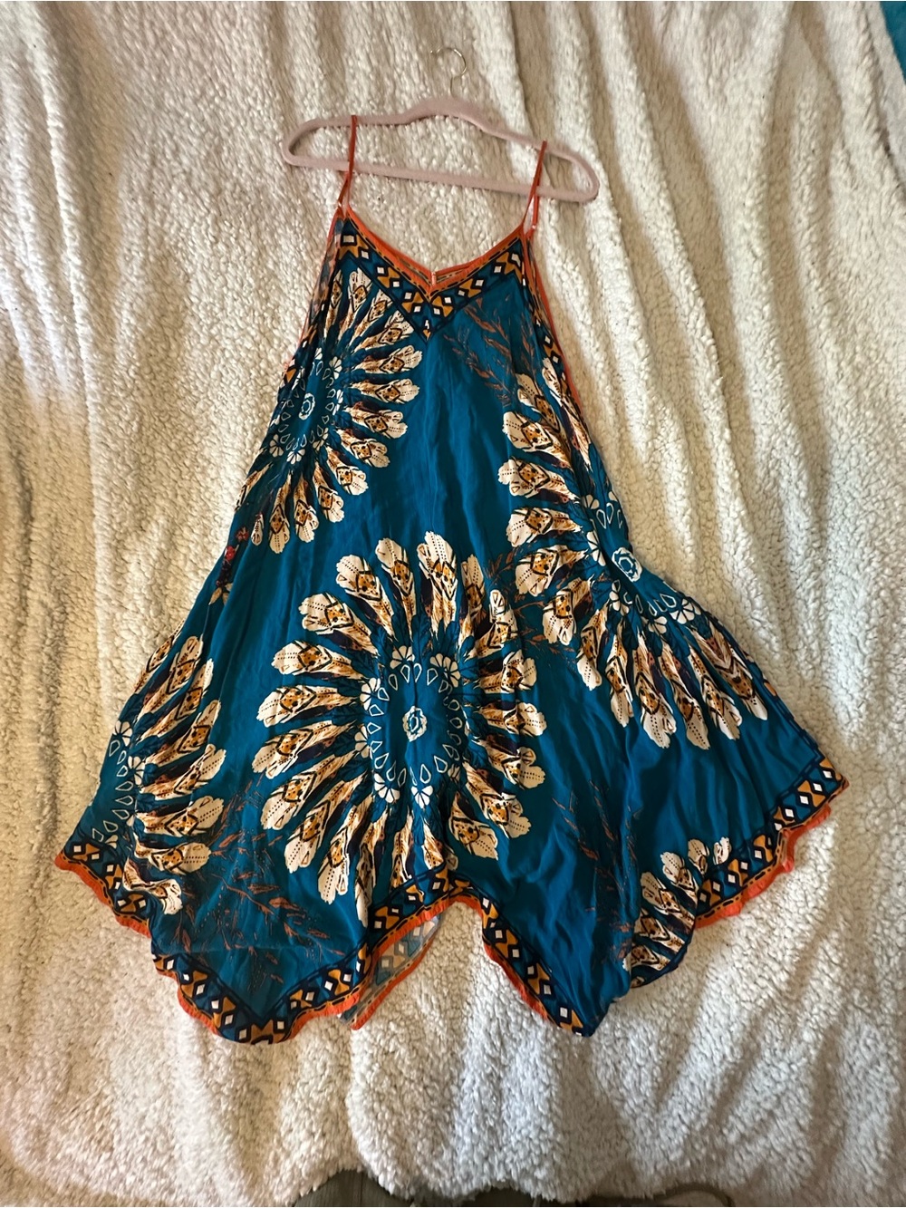 Jealous tomato Teal Sunburst Boho Spaghetti Strap Dress with Orange Trim